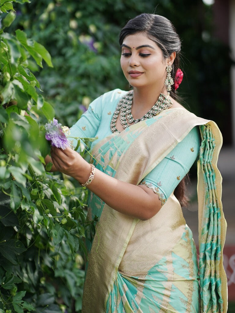 Banaras pattu saree pastel blue color allover zari weaves & zari border with rich pallu and attached plain blouse