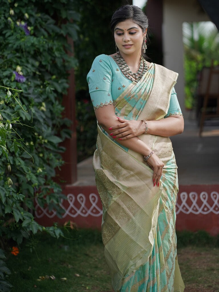 Banaras pattu saree pastel blue color allover zari weaves & zari border with rich pallu and attached plain blouse