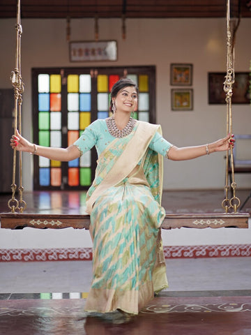 Banaras pattu saree pastel blue color allover zari weaves & zari border with rich pallu and attached plain blouse