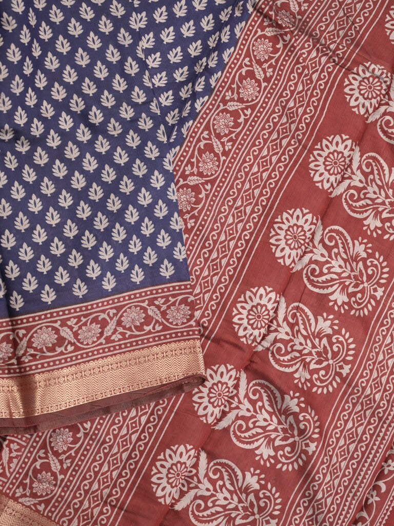 Maheshwari fancy saree navy blue color allover prints & zari border with contrast printed pallu and blouse