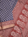 Maheshwari fancy saree navy blue color allover prints & zari border with contrast printed pallu and blouse