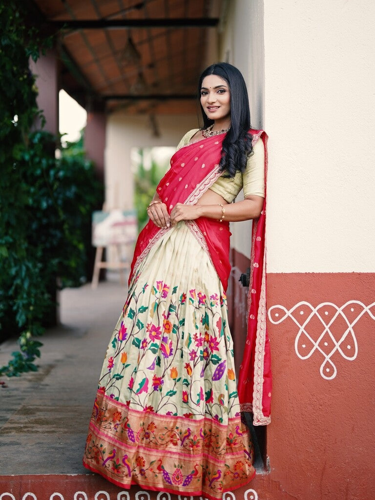 Cream color banaras paithani lehenga set with dupatta