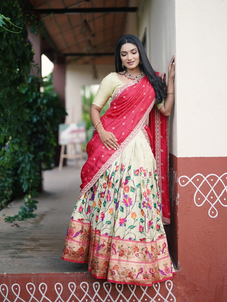 Cream color banaras paithani lehenga set with dupatta