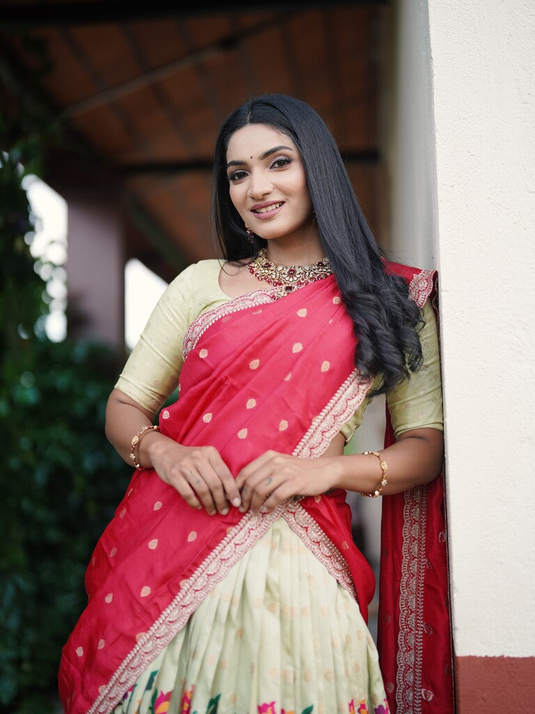 Cream color banaras paithani lehenga set with dupatta