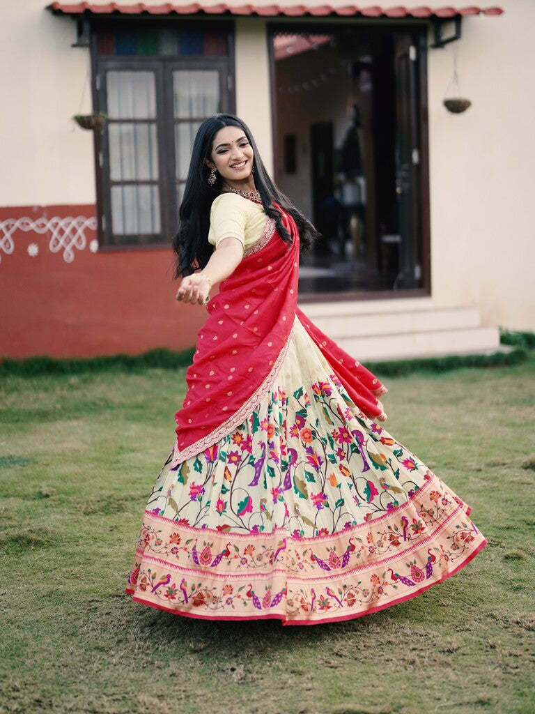 Cream color banaras paithani lehenga set with dupatta