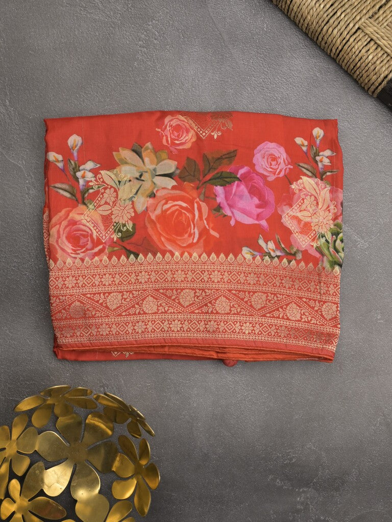 Dola silk fancy saree red color allover prints & zari border with printed pallu and attached blouse