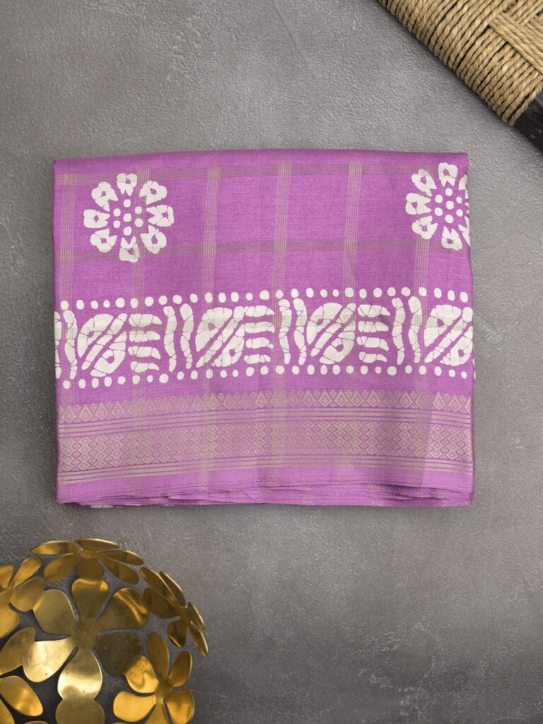 Dola silk fancy saree purple color allover prints & zari border with printed pallu and attached blouse
