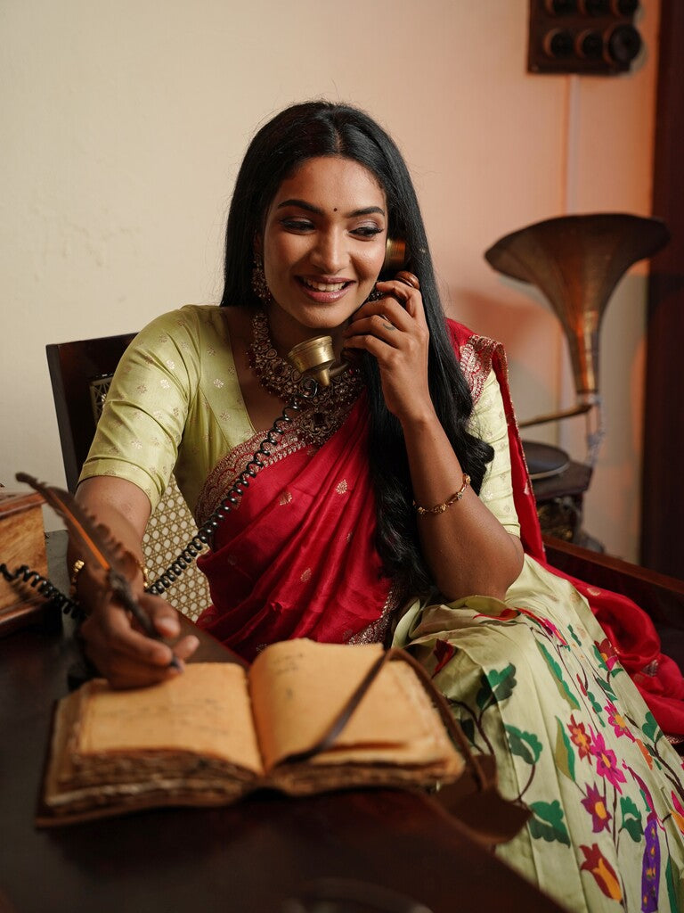 Cream color banaras paithani lehenga set with dupatta