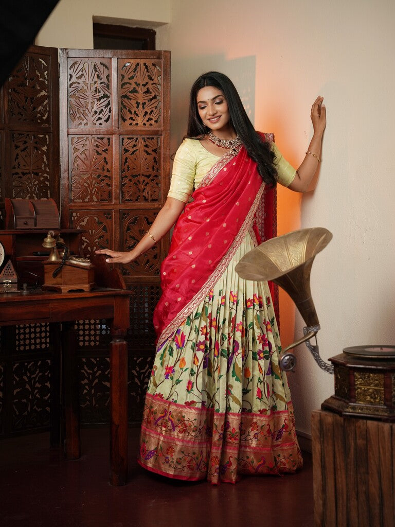 Cream color banaras paithani lehenga set with dupatta