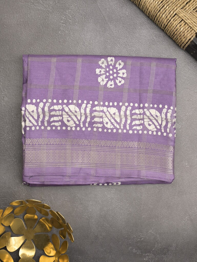 Dola silk fancy saree lavender color allover prints & zari border with printed pallu and attached blouse