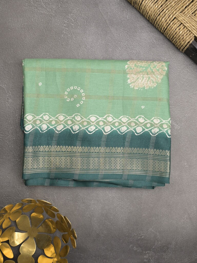 Dola silk fancy saree lux green color allover prints & zari border with printed pallu and attached blouse