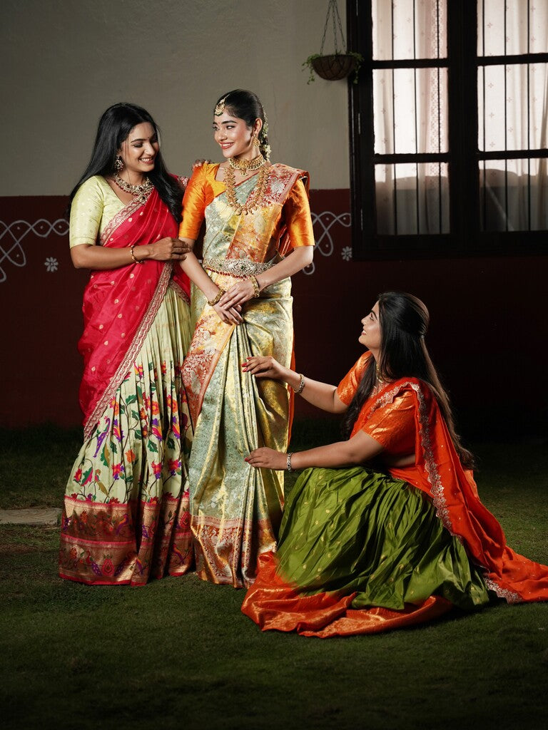 Cream color banaras paithani lehenga set with dupatta