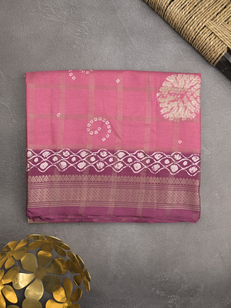 Dola silk fancy saree rose pink color allover prints & zari border with printed pallu and attached blouse