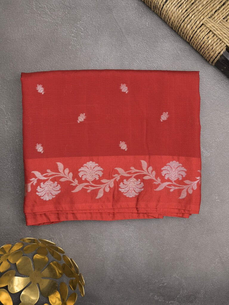 Raw mango fancy saree red color allover zari motifs & zari border with rich pallu and attached blouse