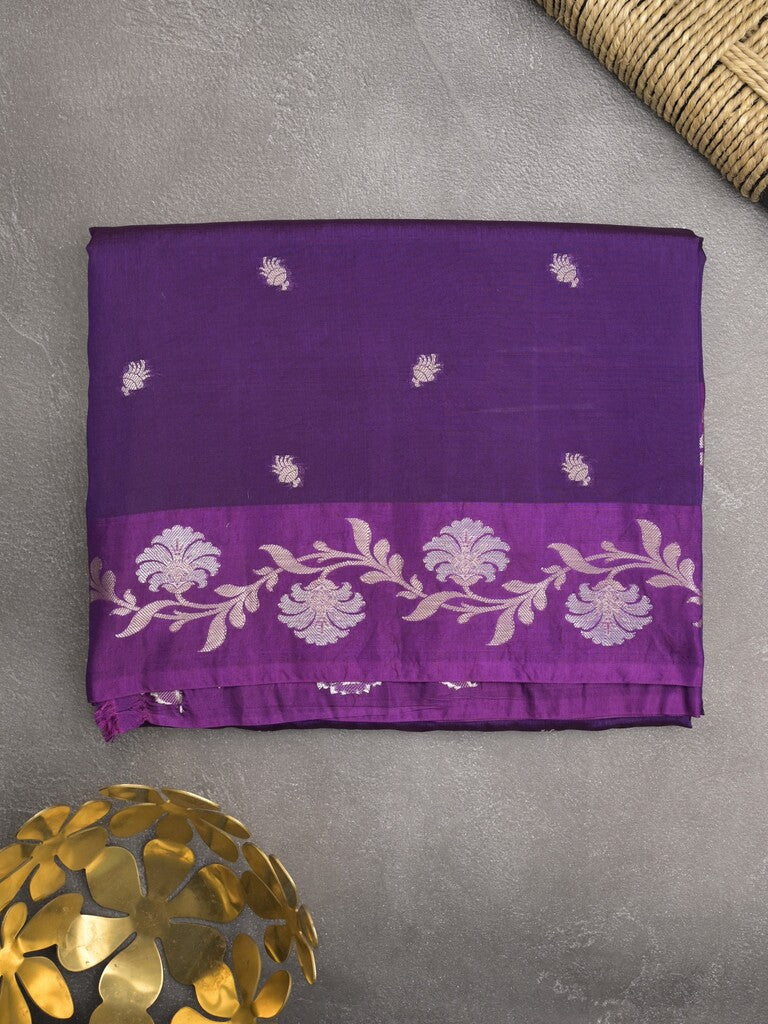 Raw mango fancy saree violet color allover zari motifs & zari border with rich pallu and attached blouse
