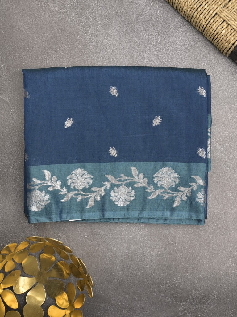 Raw mango fancy saree navy blue color allover zari motifs & zari border with rich pallu and attached blouse