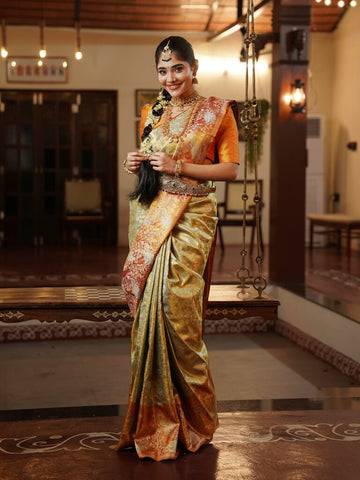 Bridal kanchi pattu saree cream color allover zari weaves & zari border with rich pallu and attached blouse