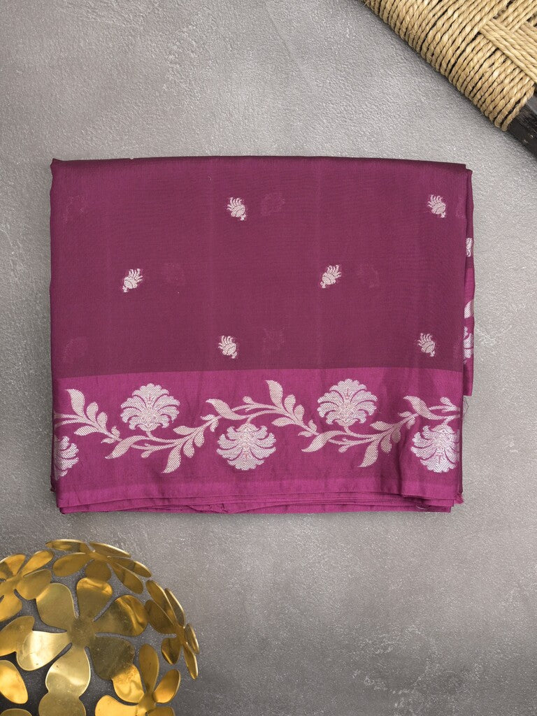 Raw mango fancy saree wine color allover zari motifs & zari border with rich pallu and attached blouse