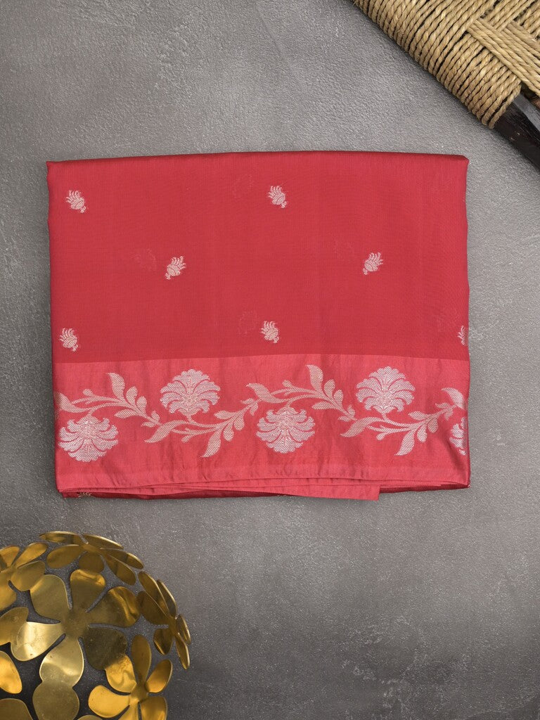 Raw mango fancy saree red color allover zari motifs & zari border with rich pallu and attached blouse