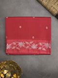 Raw mango fancy saree cherry red color allover zari motifs & zari border with rich pallu and attached blouse