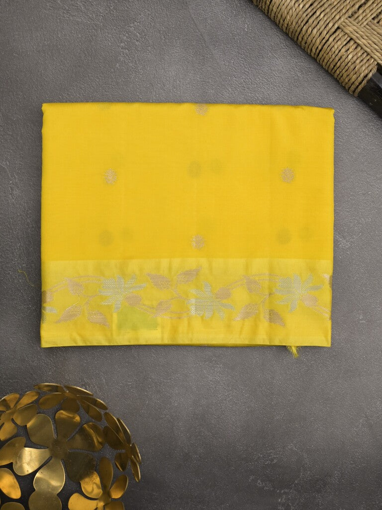 Raw mango fancy saree yellow color allover zari motifs & zari border with rich pallu and attached blouse