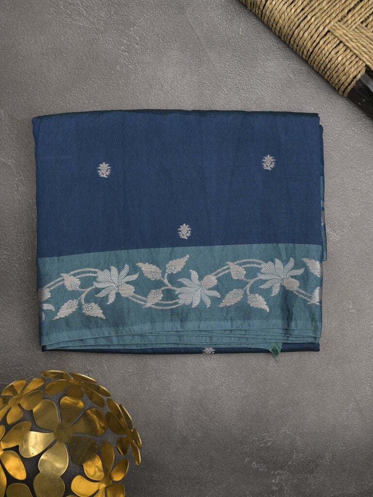 Raw mango fancy saree navy blue color allover zari motifs & zari border with rich pallu and attached blouse