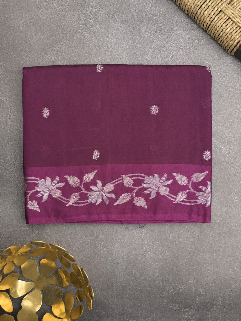 Raw mango fancy saree dark wine color allover zari motifs & zari border with rich pallu and attached blouse