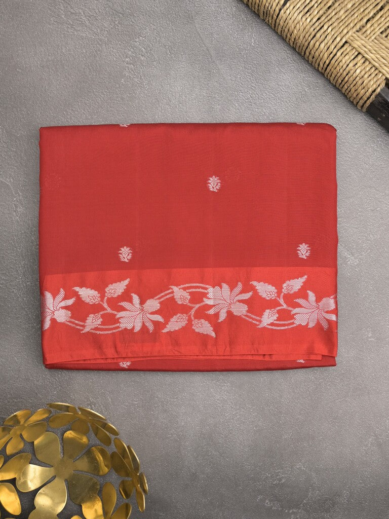 Raw mango fancy saree red color allover zari motifs & zari border with rich pallu and attached blouse