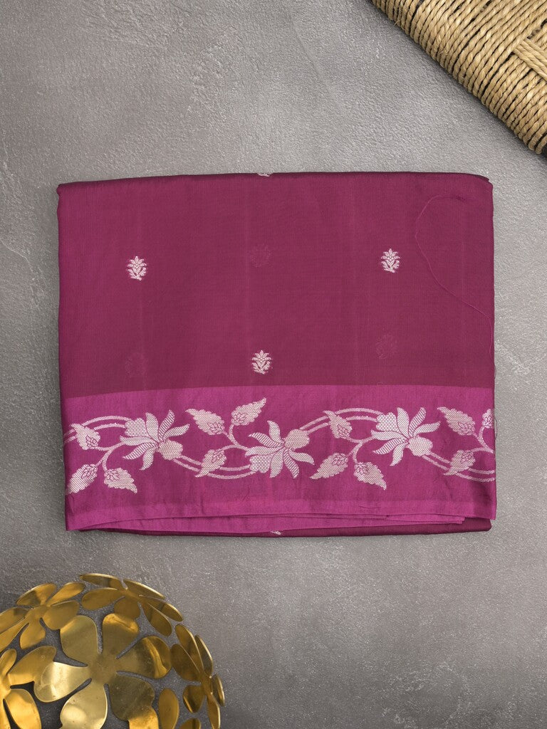 Raw mango fancy saree wine color allover zari motifs & zari border with rich pallu and attached blouse