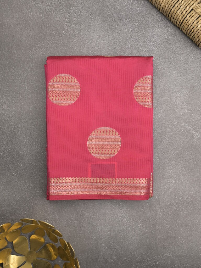 Dupion fancy saree pink color allover zari weaves & zari border with short pallu and attached blouse