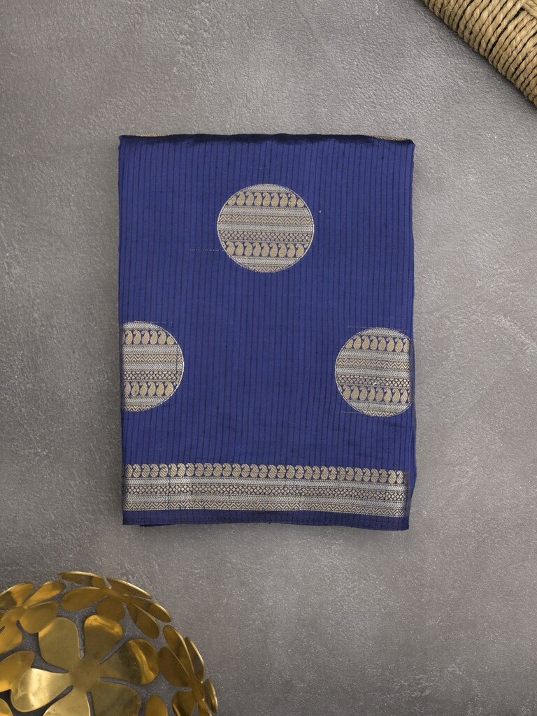 Dupion fancy saree royal blue color allover zari weaves & zari border with short pallu and attached blouse