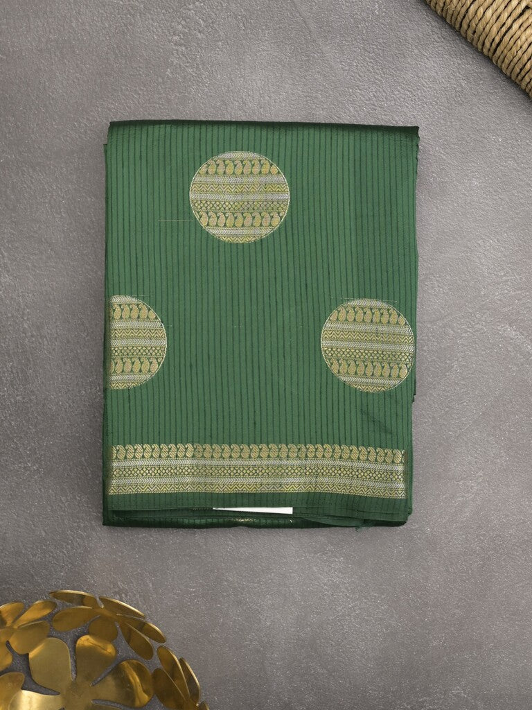 Dupion fancy saree bottle green color allover zari weaves & zari border with short pallu and attached blouse