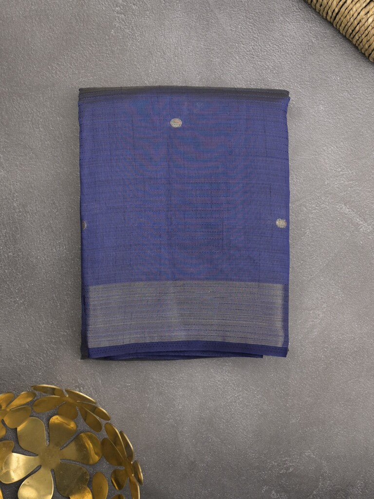 Dupion fancy saree navy blue color allover zari motifs & zari border with short pallu and attached blouse