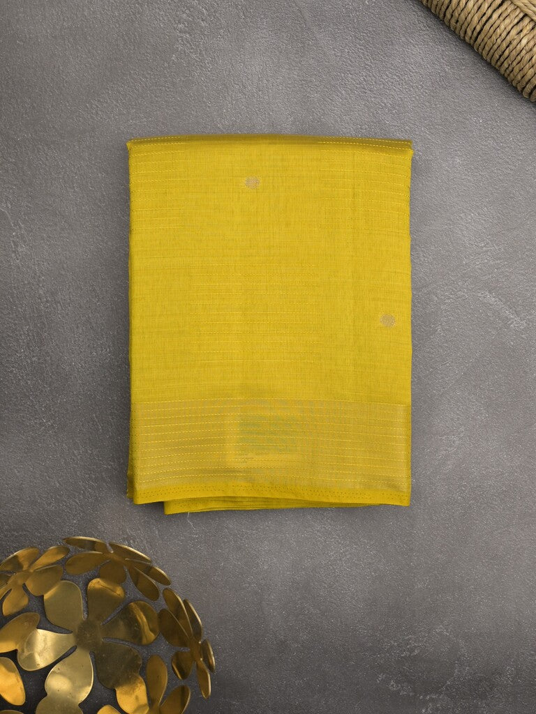 Dupion fancy saree golden yellow color allover zari motifs & zari border with short pallu and attached blouse