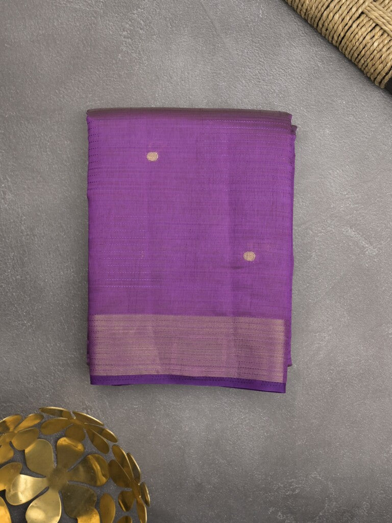 Dupion fancy saree violet color allover zari motifs & zari border with short pallu and attached blouse
