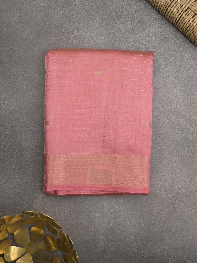 Dupion fancy saree baby pink color allover zari motifs & zari border with short pallu and attached blouse