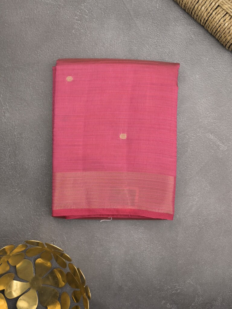 Dupion fancy saree pink color allover zari motifs & zari border with short pallu and attached blouse