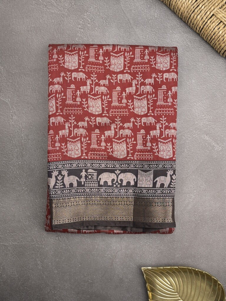Maheshwari fancy saree maroon color allover prints & zari border with printed pallu and plain blouse