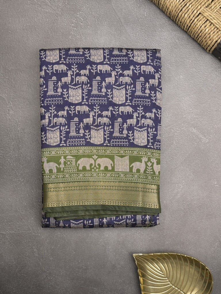 Maheshwari fancy saree navy blue color allover prints & zari border with printed pallu and plain blouse