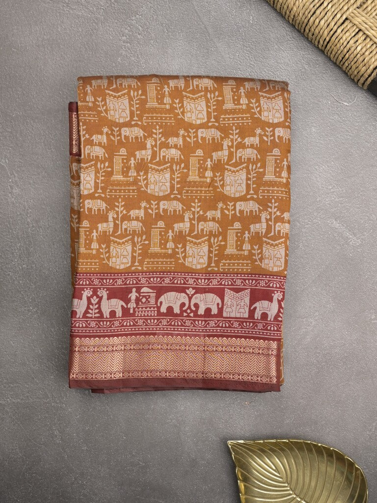 Maheshwari fancy saree mustard yellow color allover prints & zari border with printed pallu and plain blouse