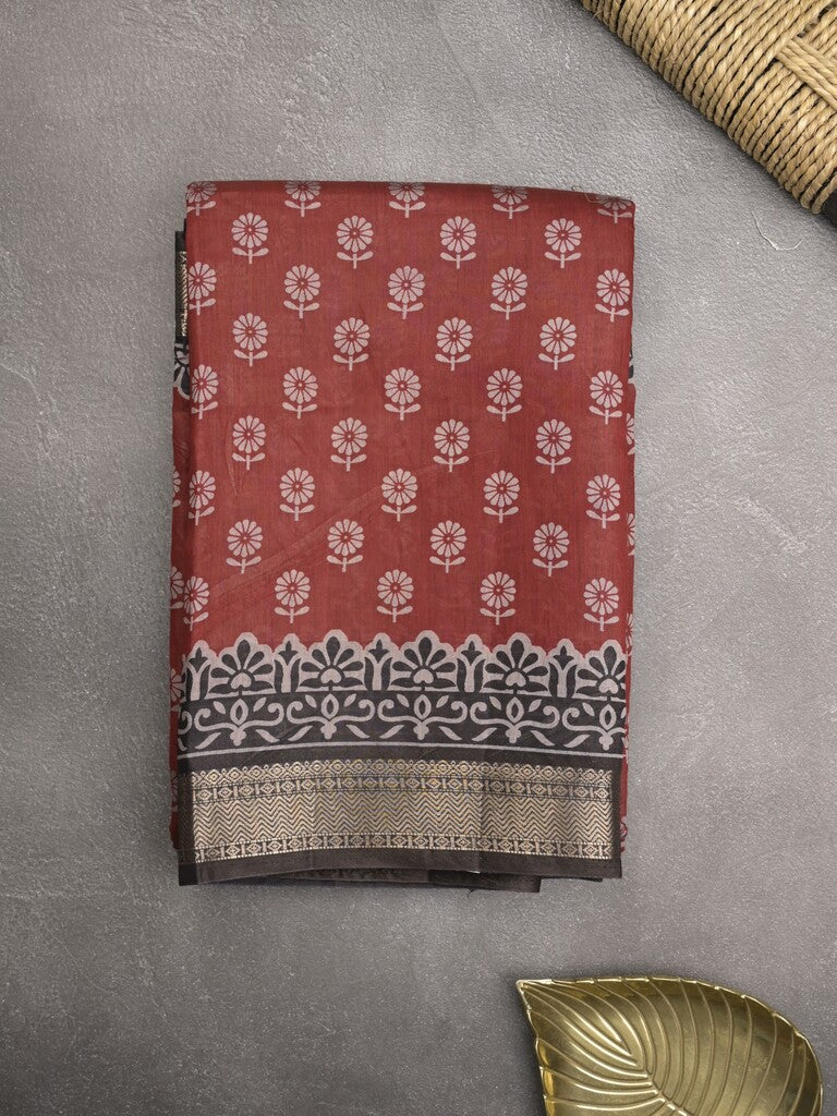 Maheshwari fancy saree red color allover prints & zari border with printed pallu and plain blouse