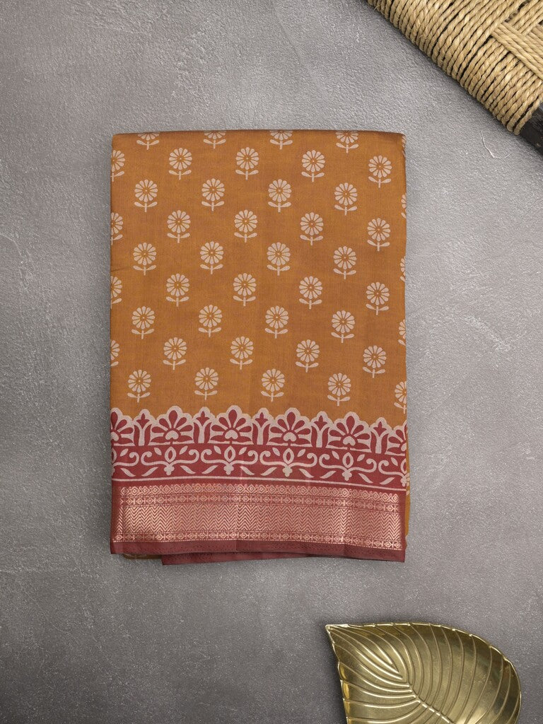 Maheshwari fancy saree mustard yellow color allover prints & zari border with printed pallu and plain blouse