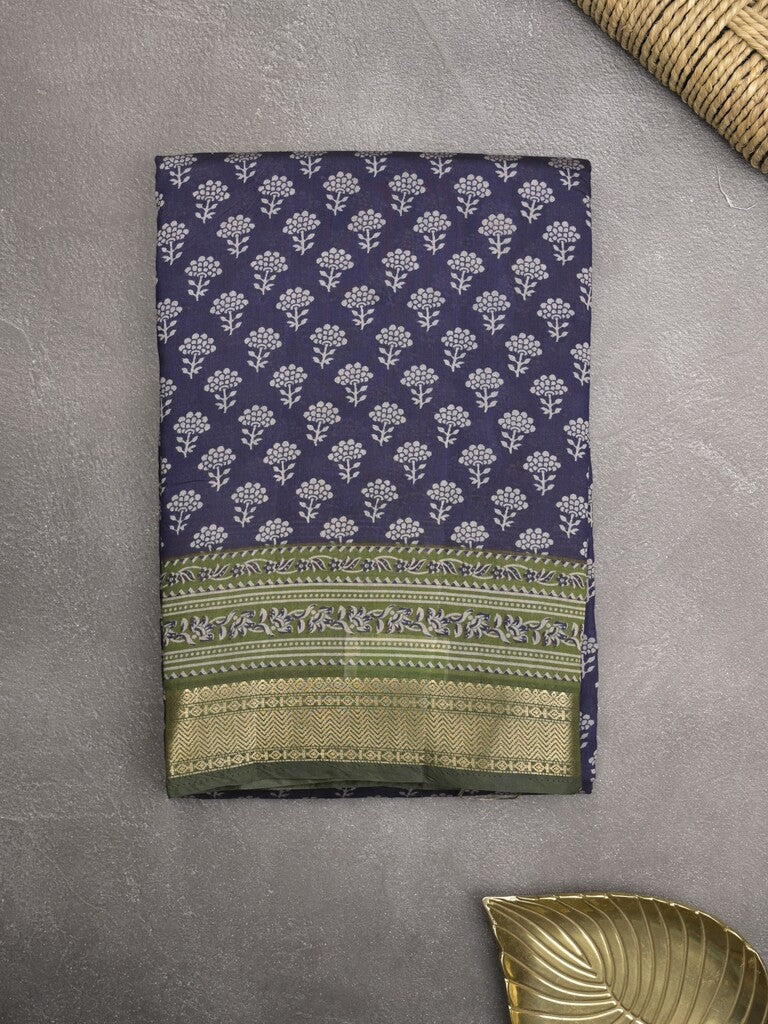 Maheshwari fancy saree navy blue color allover prints & zari border with printed pallu and plain blouse