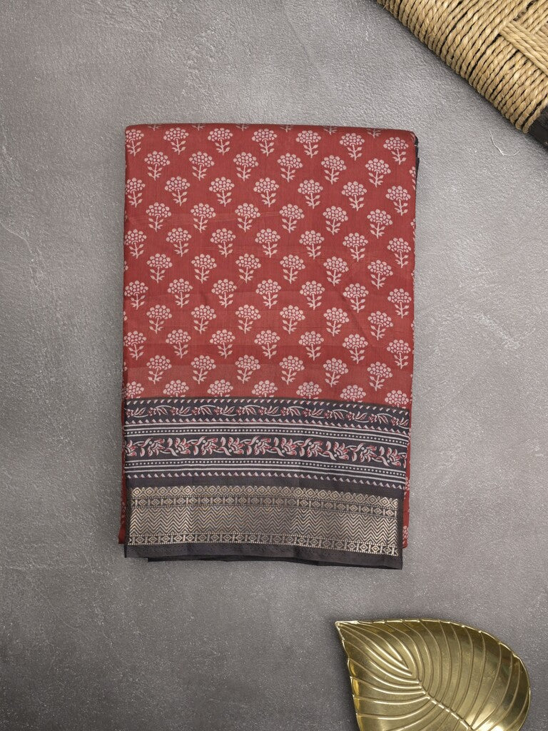 Maheshwari fancy saree red color allover prints & zari border with printed pallu and plain blouse