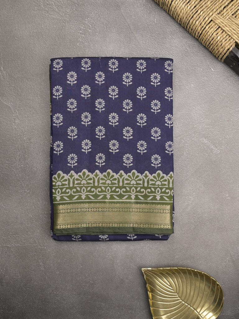 Maheshwari fancy saree navy blue color allover prints & zari border with printed pallu and plain blouse