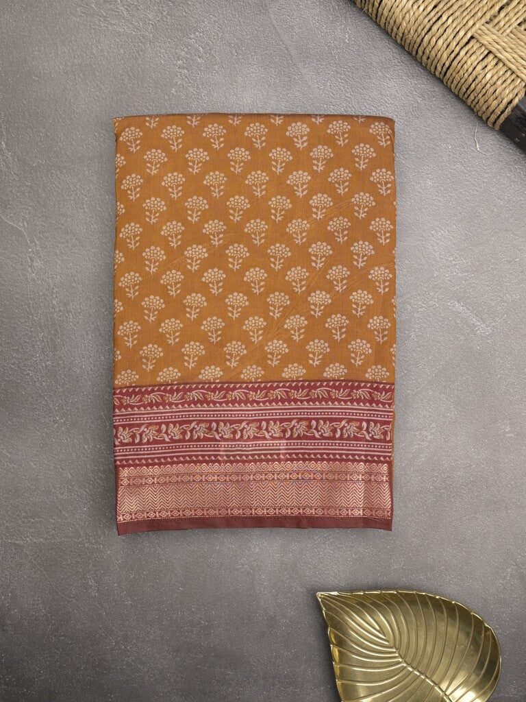 Maheshwari fancy saree mustard yellow color allover prints & zari border with printed pallu and plain blouse