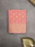 Chanderi fancy saree coral pink color allover weaves & zari border with short pallu and brocade blouse