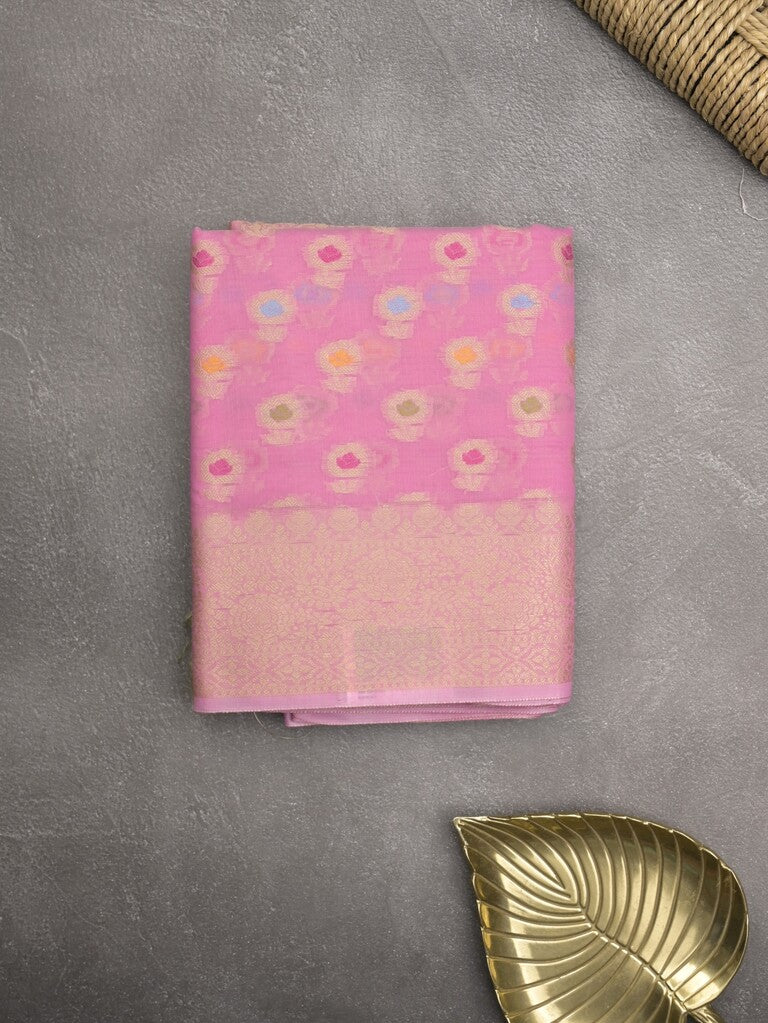 Chanderi fancy saree pink color allover weaves & zari border with short pallu and brocade blouse