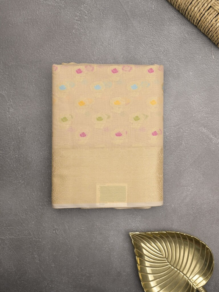 Chanderi fancy saree cream color allover weaves & zari border with short pallu and brocade blouse