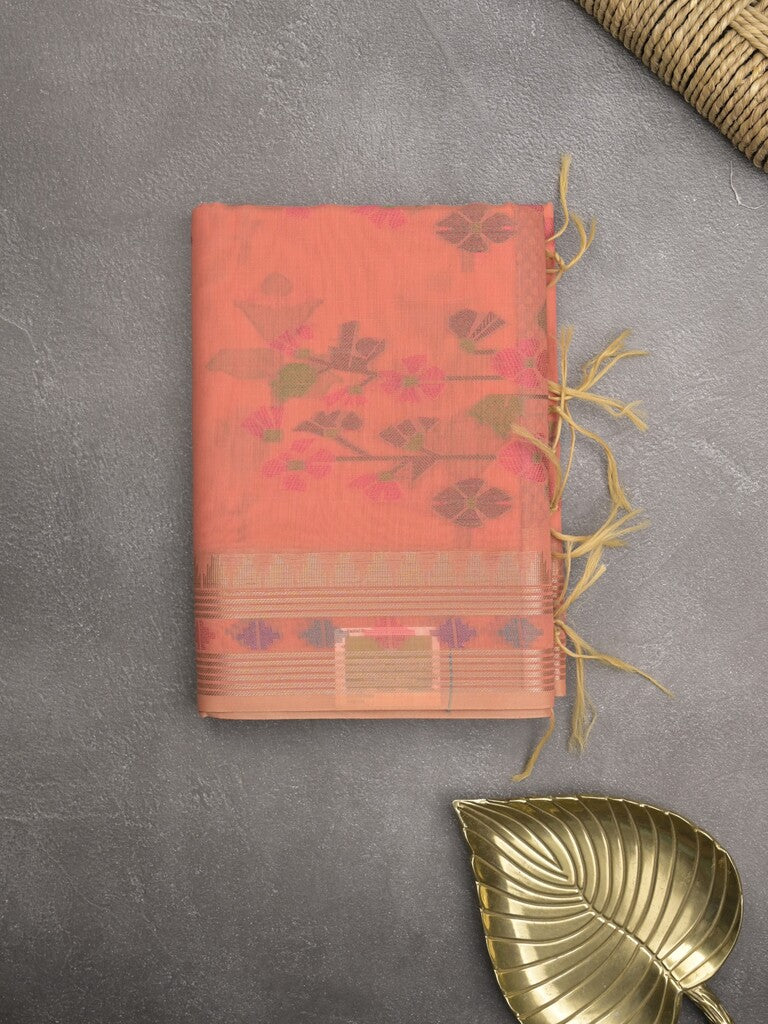 Chanderi fancy saree peach color allover weaves & zari border with short pallu and attached self blouse